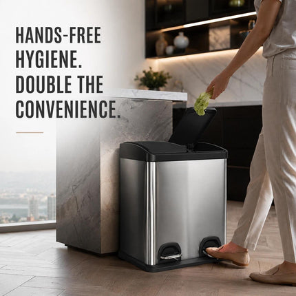 Dual Pedal Bin 2 x 15L Stainless Steel Recycling Waste Can 30L for Kitchen Office