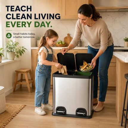 Dual Pedal Bin 2 x 15L Stainless Steel Recycling Waste Can 30L for Kitchen Office