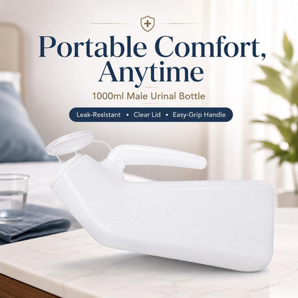Unisex Urinal Bottle 1L with Lid & Funnel – Reusable Male & Female Urine Container for Elderly Patients, Bedside, Hospital, Travel, Camping & Car Emergency Use