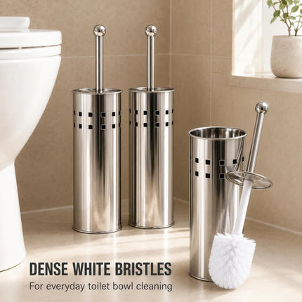 Toilet Brush & Holder Set Silver Stainless Steel Long Handle WC Cleaning Brush with Mirror Finish Storage Holder Bathroom Accessory