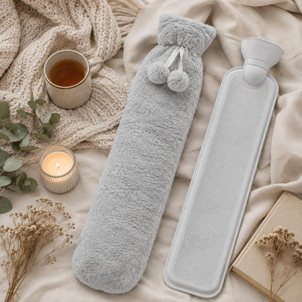 Hot Water Bottle with Soft Fleece Extra Long 2.2L Cover Body Pain Relief for Back, Neck, Shoulders & Legs  Light Grey