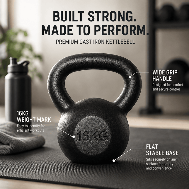 16kg Cast Iron Kettlebell, Black Strength Training Weight with Flat Base for Home Gym Workouts