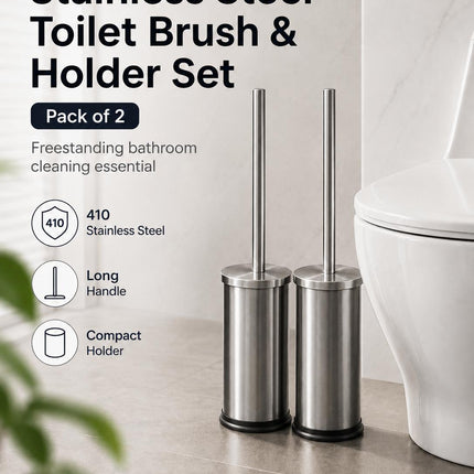 Stainless Steel Toilet Brush & Holder Set Pack of 2 Long Handle Bathroom WC Cleaning Brush Freestanding Silver