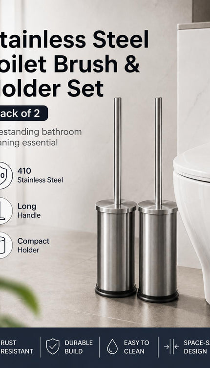 Stainless Steel Toilet Brush & Holder Set Pack of 2 Long Handle Bathroom WC Cleaning Brush Freestanding Silver