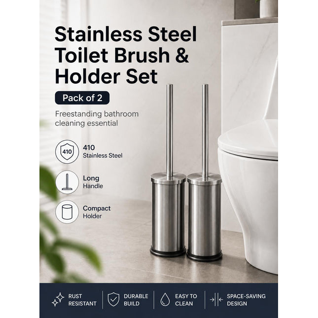 Stainless Steel Toilet Brush & Holder Set Pack of 2 Long Handle Bathroom WC Cleaning Brush Freestanding Silver