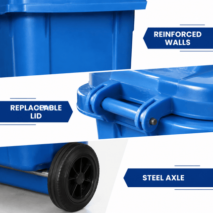 100L Wheelie Bin with Lid, Blue Heavy Duty HDPE Wheeled Refuse Bin with Rubber Wheels and Steel Axle, Outdoor Waste Bin for Home, Flat, Garage and Workplace, 74 × 53 × 45 cm