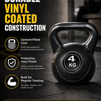 Vinyl Kettlebell Weight 4KG–20KG, Cast Iron Strength Training Equipment with Wide Grip Handle & Stable Flat Base, Free Weight for Home Gym, Squats, Swings and Full Body Workouts
