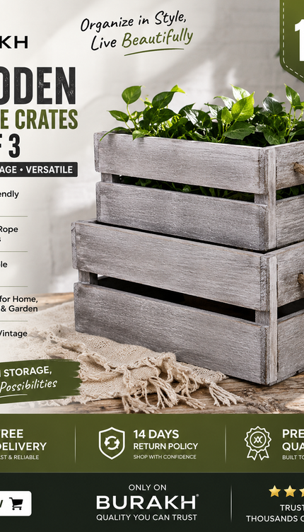Wooden Storage Crates Set of 3 Bushel Box With Rope Handles Grey Vintage Basket