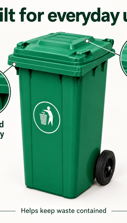 100L Green Wheelie Bin with Lid and Rubber Wheels,