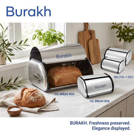 Stainless Steel Roll Top Bread Bin – Silver Kitchen Bread Box Storage | 12L & 22L