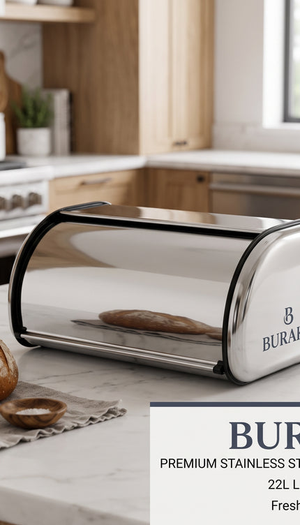 Bread Bin Roll Top Stainless Steel Kitchen Loaf Storage Container Box 12L