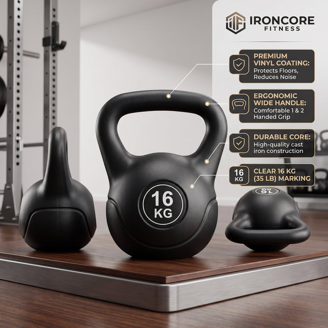 Vinyl Coated Kettlebell Weight 4KG–20KG, Wide Grip Handle & Flat Base, Free Weight for Home Gym, Strength Training, Cardio, Squats, Swings and Full Body Workout