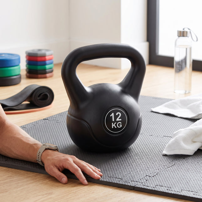 Vinyl Coated Cast Iron Kettlebell Weight 4KG–20KG, Wide Grip Handle & Flat Base, Free Weight for Home Gym, Strength Training, Cardio, Squats, Swings and Full Body Workout