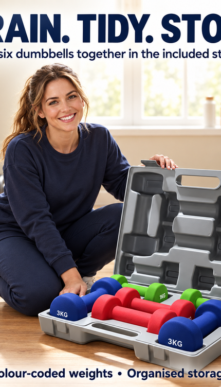 12kg Neoprene Dumbbell Set with Carry Case 1kg, 2kg & 3kg Pair Vinyl Hand Weights