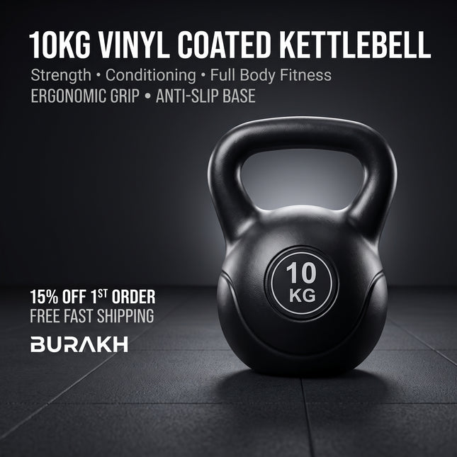 10kg Cast Iron Kettlebell, Black Strength Training Weight with Flat Base for Home Gym Workouts