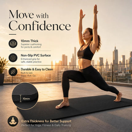 Yoga Mat 10mm Thick Non Slip PVC Pilates Gym Exercise Workout Mat Black 183x61cm