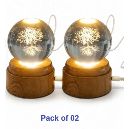 3D Tree of Life Crystal Ball LED Decorative Lamp, 6cm Glass Globe with 360° Rotating Wooden-Effect Base, Warm White USB Powered Ornament, Pack of 2
