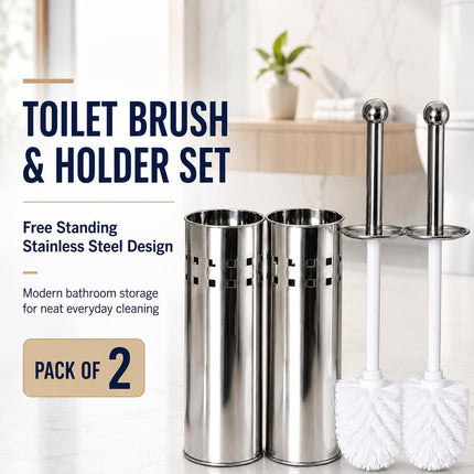 Toilet Brush With Holder Pack of 2 Stainless Steel Bathroom WC Cleaning Brush Freestanding Silver White 38cm