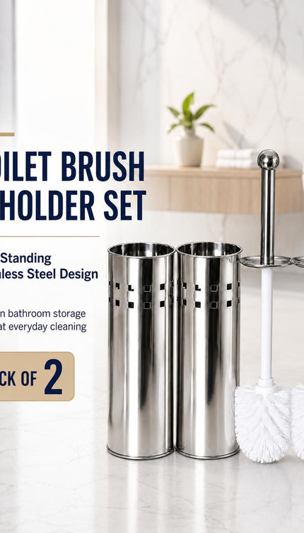 Toilet Brush With Holder Pack of 2 Stainless Steel Bathroom WC Cleaning Brush Freestanding Silver White 38cm