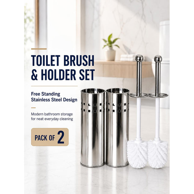 Toilet Brush With Holder Pack of 2 Stainless Steel Bathroom WC Cleaning Brush Freestanding Silver White 38cm