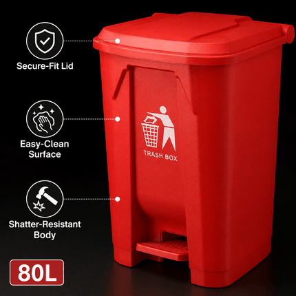 80L Red Pedal Dustbin with Lid, PP5 Plastic Hands-Free Waste Bin, Large Capacity Rubbish Bin for Kitchen, Office, Workspace & Commercial Use