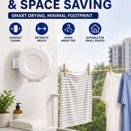 Retractable Clothes Reel Wall Mounted Drying Line 12m 15m 26m 30m Indoor Outdoor Laundry Airer Space Saving
