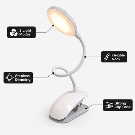 Clip On LED Desk Lamp USB Dimmable Reading Light with 3 Modes for Bedside Study Office & Table