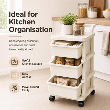 Storage Trolley 3 Tier Drawer Cabinet Plastic on Wheels for Kitchen Bathroom Bedroom Home Office Organisation