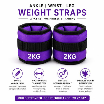 Ankle Wrist Weights Pair Purple Adjustable Leg Weights Straps for Walking Running Yoga Gym Fitness Training Home Workout 0.5kg-3kg