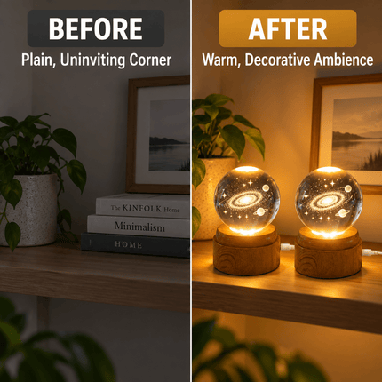 3D Tree of Life Crystal Ball LED Decorative Lamp, 6cm Glass Globe with 360° Rotating Wooden-Effect Base, Warm White USB Powered Ornament, Pack of 2