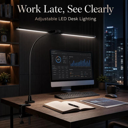 Dual Head LED Desk Lamp with Clamp, Touch Dimming, 5 Color Modes, Flexible Arm, Black Warm to Cool Reading Light for Home Office