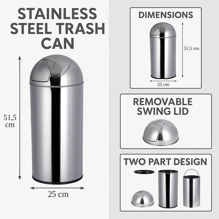 50L Stainless Steel Swing Lid Bin – Large Indoor & Outdoor Waste Bin