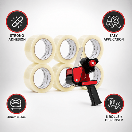 Packing Tape with Dispenser Gun, 6 Rolls 48mm x 66m Strong Parcel Tape for Boxes, Cartons, Moving, Shipping & Storage, Clear