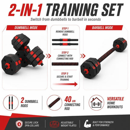 Adjustable Octagonal Dumbbells Set 10-50kg Weight Plates with Connecting Rod Home Gym Weight Lifting Training Equipment