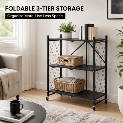 3 Tier Folding Storage Shelf Rack with Wheels, Freestanding Black Metal Shelving Unit, Foldable Mobile Organiser for Kitchen, Living Room, Bedroom, Office and Utility Room, Medium Size