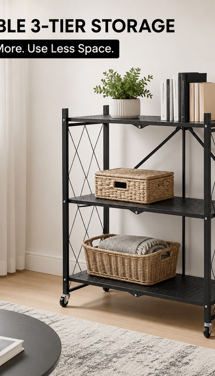 3 Tier Folding Storage Shelf Rack with Wheels, Freestanding Black Metal Shelving Unit, Foldable Mobile Organiser for Kitchen, Living Room, Bedroom, Office and Utility Room, Medium Size