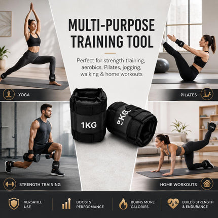 Black Ankle Wrist Weights Pair Adjustable Straps for Walking Running Yoga Gym Fitness Training 0.5kg-3kg