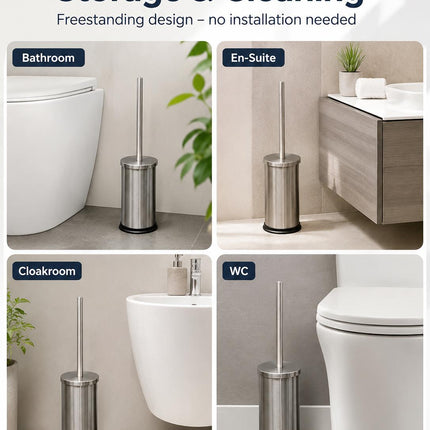 Stainless Steel Toilet Brush & Holder Set Pack of 2 Long Handle Bathroom WC Cleaning Brush Freestanding Silver