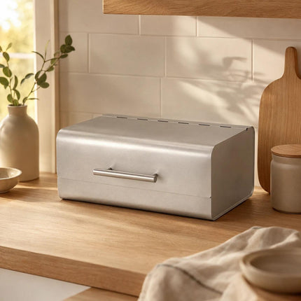 Bread Bin Stainless Steel Large Bread Box with Hinged Lid & Handle, Kitchen Bread Storage Container, Countertop Bread Keeper, Silver Satin Finish, 36.1 x 23 x 14.5 cm