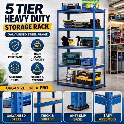 2x Heavy Duty Garage Shelving Unit 5 Tier Blue Metal Storage Rack 150x70x30cm Boltless