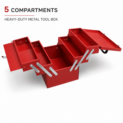 Portable Metal Tool Box with Carry Handle & 5 Compartments, 30kg capacity Multi-Purpose Tool Storage Chest