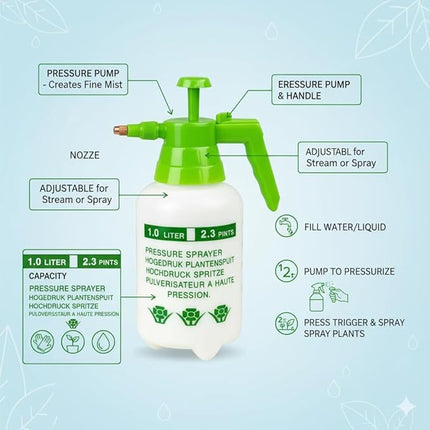 1L/3L Garden Pressure Sprayer Portable Hand Pump Bottle for Chemicals, Weed Killer, Fertilizers, Pesticides, Watering Plants, Lightweight Outdoor Spray Tool for Lawn, Garden, Patio, Plant Care