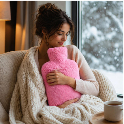 2L Hot Water Bottle with Soft Faux Fur Cover Pink Leakproof Warm Water Bottle Winter Warmer Heat Therapy for Back Pain, Period Cramps & Muscle Relief