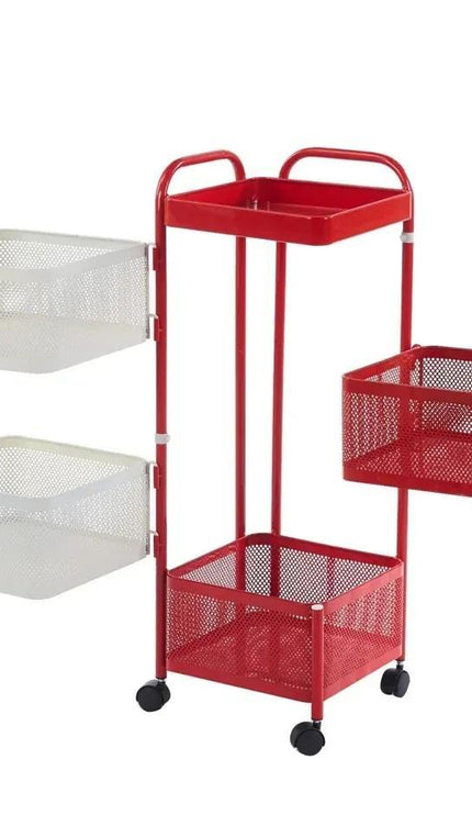 5 Tier Rotating Storage Trolley Rack, Carbon Steel Organiser Cart, Red & White