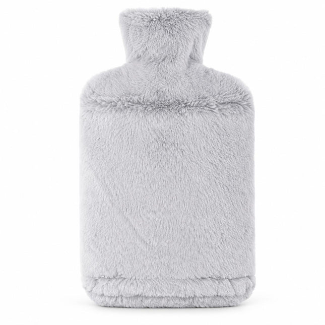 2L Hot Water Bottle with Soft Faux Fur Cover Light Grey Leakproof Winter Warmer Long Lasting Heat Pain Relief for Back, Neck & Period Cramps