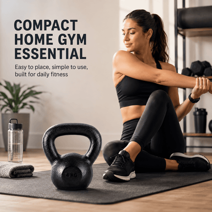 4kg Cast Iron Kettlebell, Black Strength Training Weight with Flat Base for Home Gym Workouts