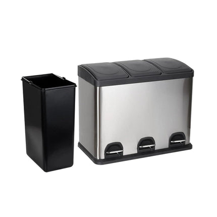 45L Stainless Steel Triple Compartment Pedal Bin – 3x15L Recycling Waste Bin