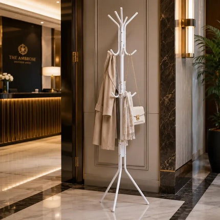 Coat Rack Stand with 12 Hooks, White Metal Clothes Hanger Tree, Hat & Umbrella Organizer for Entryway