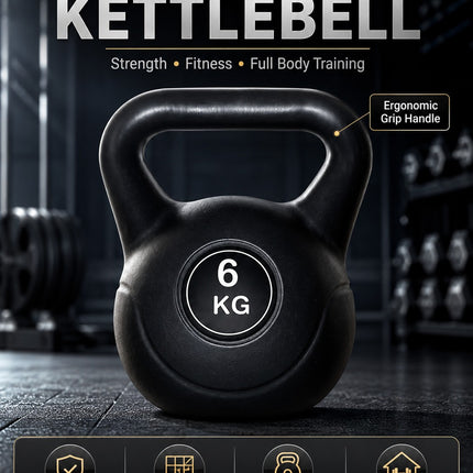 Vinyl Kettlebell Weight 4KG–20KG, Cast Iron Strength Training Equipment with Wide Grip Handle & Stable Flat Base, Free Weight for Home Gym, Squats, Swings and Full Body Workouts