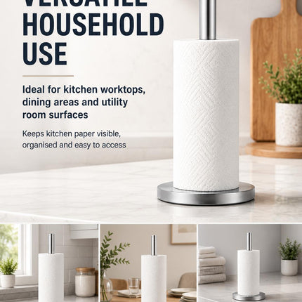 Kitchen Paper Roll Holder Pack of 2 Free Standing Silver Stainless Steel Countertop Tissue Stand Modern 32.5cm
